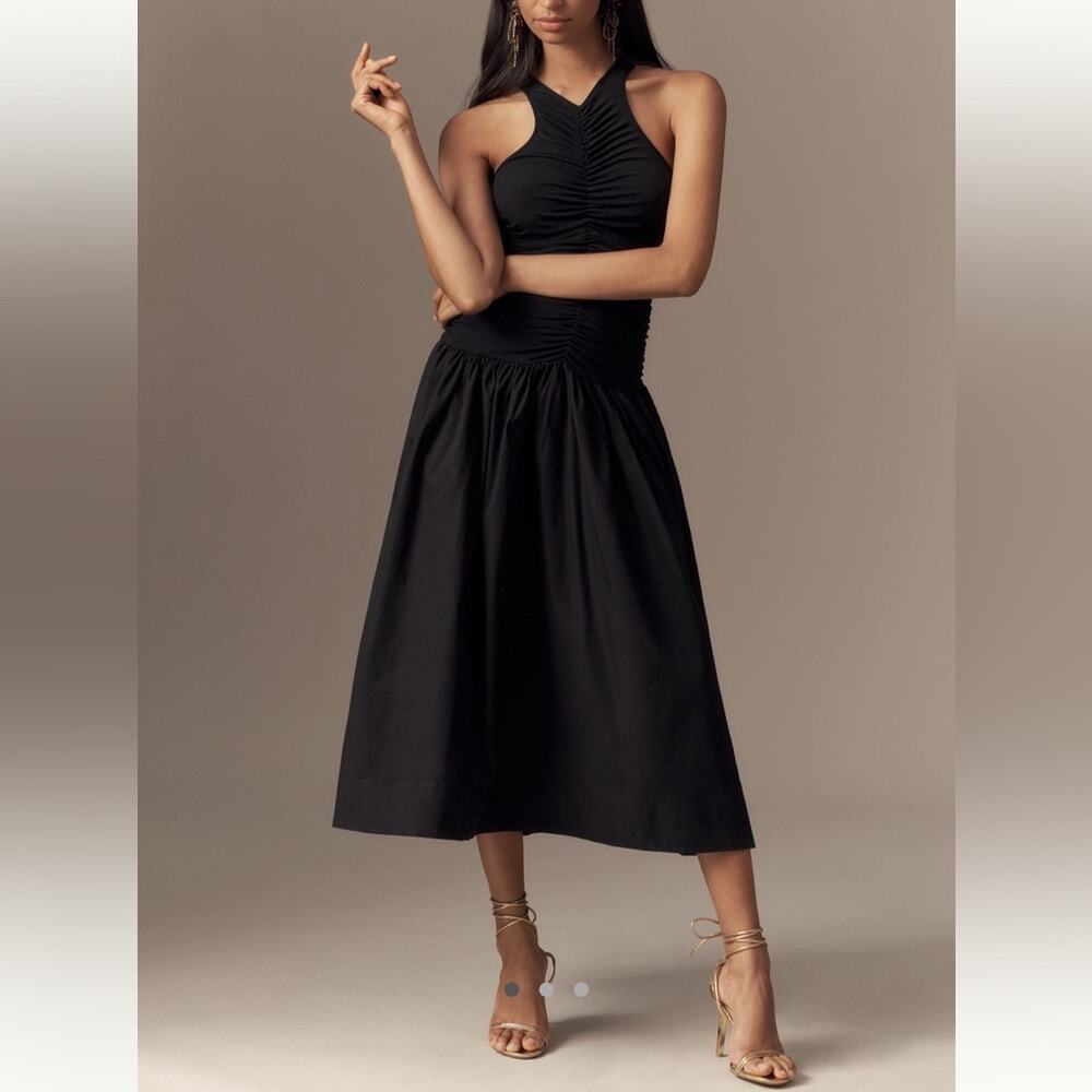 Anthropologie Midi Dress Ruched Keyhole Classic Chic Whimsigoth Black Size XL